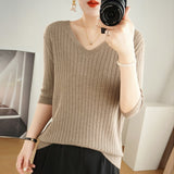 themeisles Women Sweater Short Sleeve Spring Summer Knitwears Korean Fashion Stripe Pullovers Slim Fit Knit Tops Casual V-neck Jumpers