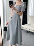 themeisles Vintage Square Collar Casual French Midi Dress for Women Elegant Party Ladies Pleated A-Line Femme Fashion Bodycon Dress Summer