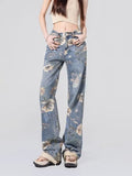 themeisles Street Printed Jeans, Female Niche Design, Trendy Vibe High Waisted Drape, Straight Leg Wide Leg Long Pants, Women's Jeans