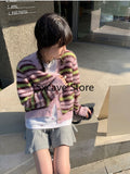 themeisles  Autumn Faux Fure Knitted Cardigan Women Casual Long Sleeve Button Kawaii Clothing Striped Sweater Female Korean Style Tops