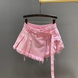 Irregular Pink Denim Skirt Women's Summer High Waist Slimming False Two-Piece A- Line Workwear Short Mini Skirts