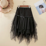 themeisles Summer Denim Jeans Skirt Women Y2K Irregular High Waisted Tulle Skirts Mesh Patchwork Pockets Pleated Mid-Calf Tutu High Street