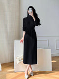 themeisles Korean White Fashions High Neck Knitted Warm Sweater Dress Autumn Winter Female Black Classy Retro Slim Waist Long Dress Simple