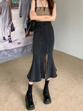 themeisles Black Denim Long Skirt Women Vintage High Waist Split Bodycon Ruffles Pencil Mermaid Midi Skirt Summer Japanese Fashion