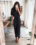 themeisles Women Summer Elegant Button Ruched Bandage Shirt Dress Fashion Casual Short Sleeve Solid V Neck Beach Maxi Dress