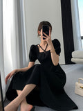 themeisles Summer Women Fashion Elegant Casual Solid Puff Sleeve Midi Dresses Evening Office Lady Female A Line Clothes Vestdios Black