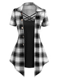 themeisles Crisscross Plaid Print Mock Button Casual Faux Twinset T Shirt Combo Women 2 in 1 Tee Twofer Summer High Waist Fashion T-Shirts