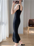 themeisles Korea Summer New Women White Elegant V-neck Knit Slip Long Dress French Black Sexy Club Slim Prom Evening Party Fishtail Dresses