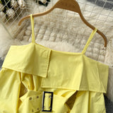 themeisles New Fashion Women Spring Summer Yellow Shirt Sexy Spaghetti Strap Slash Neck Off Shoulder Long Sleeve Blouse with Belt