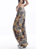 themeisles Loose Splashed Ink Speaker Camouflage Pants Trendy Hip-hop Vintage Versatile Work Clothes Pants Wide Leg Pants Women's Jeans