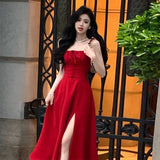 themeisles French Elegant White Strap Midi Dress Summer New Casual Evening Party Dress Women Beach Sleeveless Lace-up Red Dress Korean