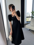 themeisles Summer Women Fashion Elegant Casual Solid Puff Sleeve Midi Dresses Evening Office Lady Female A Line Clothes Vestdios Black