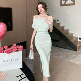 themeisles French Temperament Celebrity Wind Sexy Strapless Oblique Collar Dress Female Spring and Summer Slim Open Package Hip Long Dress