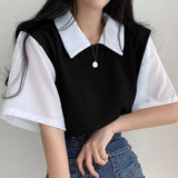 themeisles Korean Spring Summer Casual Polo T-Shirt Female Pullover Women's Loose Tees Top Fake Two Piece Suit Student Preppy Style