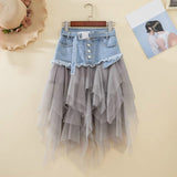 themeisles Summer Denim Jeans Skirt Women Y2K Irregular High Waisted Tulle Skirts Mesh Patchwork Pockets Pleated Mid-Calf Tutu High Street