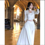 themeisles French White Long Sleeve 2 Piece Set for Women Autumn New Elegant Fashion Short Top High Waist Long Skirt Suit Female Clothing