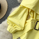 themeisles New Fashion Women Spring Summer Yellow Shirt Sexy Spaghetti Strap Slash Neck Off Shoulder Long Sleeve Blouse with Belt