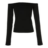 themeisles Spring Summer Women Clothing Daily Wear Black T-shirts Elegant Cold Shoulder Long Sleeve Skinny Casual Top