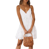 themeisles Women Summer Dress Solid Color Crochet Spaghetti Strap V-Neck Backless Tied Braces Short Dress for Girls White