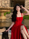 themeisles French Elegant White Strap Midi Dress Summer New Casual Evening Party Dress Women Beach Sleeveless Lace-up Red Dress Korean