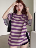 themeisles Striped T-shirts Women Slit M-4XL Streetwear Loose Summer Simple Short Sleeve All-match Students Ulzzang Fashion Casual Ins BF