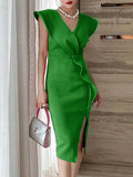 themeisles Summer Puff Sleeve Belted Midi Vestidos Elegant OL Mermaid Dress Women Fashion Slim Suit Dress Chic Notched Collar Robes