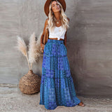 Summer High Waist Long Printed A-Line Skirt Floral Skirt Women Casual Beach Faldas Female Boho Elastic Waist Holiday Maxi Skirts