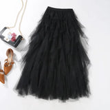 themeisles Tutu Tulle Midi Skirt Women Elegant Fashion High Waist  Irregular Pleated Mesh Long Skirt Spring Summer Party Female