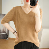 themeisles Women Sweater Short Sleeve Spring Summer Knitwears Korean Fashion Stripe Pullovers Slim Fit Knit Tops Casual V-neck Jumpers