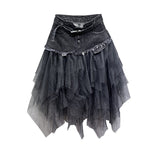 themeisles Summer Denim Jeans Skirt Women Y2K Irregular High Waisted Tulle Skirts Mesh Patchwork Pockets Pleated Mid-Calf Tutu High Street