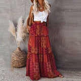 Summer High Waist Long Printed A-Line Skirt Floral Skirt Women Casual Beach Faldas Female Boho Elastic Waist Holiday Maxi Skirts