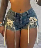 themeisles Fashion Lace-Up Bandage Blue Stretch Denim Shorts for Women Summer Casual Skinny  Short Jeans Sexy Beach Night Club Outfits