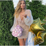 themeisles Sexy Sequins Women Party Mini Dress V-Neck Lantern Long Sleeve Female Night Club Evening Dresses Bodycon Short Dress Summer