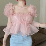 themeisles Short Puff Mesh Sleeves Women's Off shoulder Chiffon Top Lace Sweet Square Neck Sexy Sweet Spring Summer Casual Streetwear