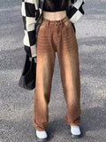 themeisles European And American Retro Brown Jeans Women's Spring And Autumn High-waisted Straight-leg Loose And Thin Wide-leg Pants