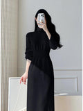 themeisles Korean White Fashions High Neck Knitted Warm Sweater Dress Autumn Winter Female Black Classy Retro Slim Waist Long Dress Simple