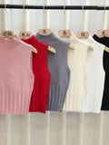 themeisles Women Summer Casual Knitted Tank Tops Solid Sleeveless Half High Collar Slim Base Shirt Sexy Top Knitwear Y2k High Street