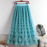 themeisles  New Spring Summer Women High Waist Slim Long Skirt High Quality Lolita Style Sweet Multilayered Mesh Patchwork Cake Skirt