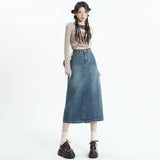 themeisles Retro Denim Skirt For Women Spring And Autumn New Summer Mid Length Slim A-line Split Long Skirt Skirt