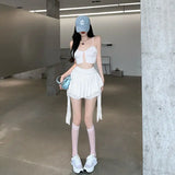 themeisles Ruffle Mini Skirt Women Chiffon Patchwork Ribbon Blue High Waist Fairycore Tulle Skirt Shorts Cute Sexy Skort Summer