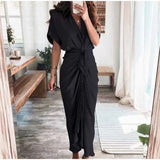 themeisles Women Summer Elegant Button Ruched Bandage Shirt Dress Fashion Casual Short Sleeve Solid V Neck Beach Maxi Dress