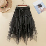 themeisles Summer Denim Jeans Skirt Women Y2K Irregular High Waisted Tulle Skirts Mesh Patchwork Pockets Pleated Mid-Calf Tutu High Street