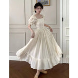 themeisles Elegant Square Collar White Dress Summer Fashion Puff Sleeve Ruffle Dress for Women  Chic Vintage Maxi Dresses