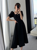 themeisles Summer Women Fashion Elegant Casual Solid Puff Sleeve Midi Dresses Evening Office Lady Female A Line Clothes Vestdios Black