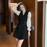 themeisles Korean Black Patchwork Short Dresses Women  Autumn New Fashion Slim Office Lady Notched Collar Long Sleeves Female Clothing