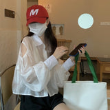 themeisles Shirts Women Hole Temperament Sun-proof Ins Vacation Thin Korean Style Sheer Off-shoulder BF Summer Students Beach