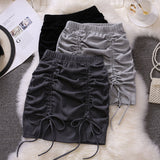 themeisles Draw String Cotton Mini Skirt Girls Summer Elastic Waist Grey Black Split Folds Skirts Women Sexy Bottoms