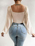 themeisles Fashion Sexy Low-cut Long Sleeve Crop Tops Women Summer Autumn Slim Solid Top Femme And Blouses Chiffon Shirt