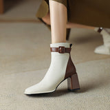 themeisles Autumn Shoes    Autumn Boots Women Square Toe Women Boots Split Leather Shoes for Women Mixed Colors Belt Buckle Boots Winter High Heel Boots