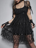 themeisles Lace Mall Gothic Aesthetic Black Women Dresses Grunge See Through Sexy Puff Sleeve Mini Dress A-line Summer Partywear